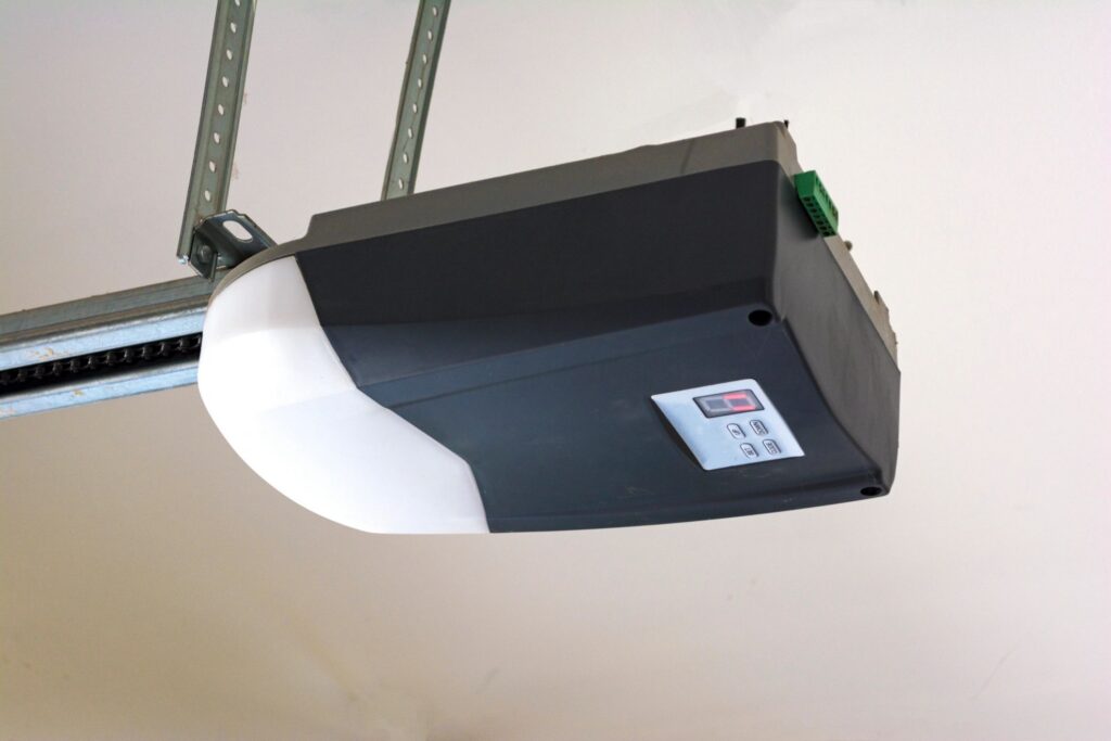 Close-up of an automatic garage door opener motor.